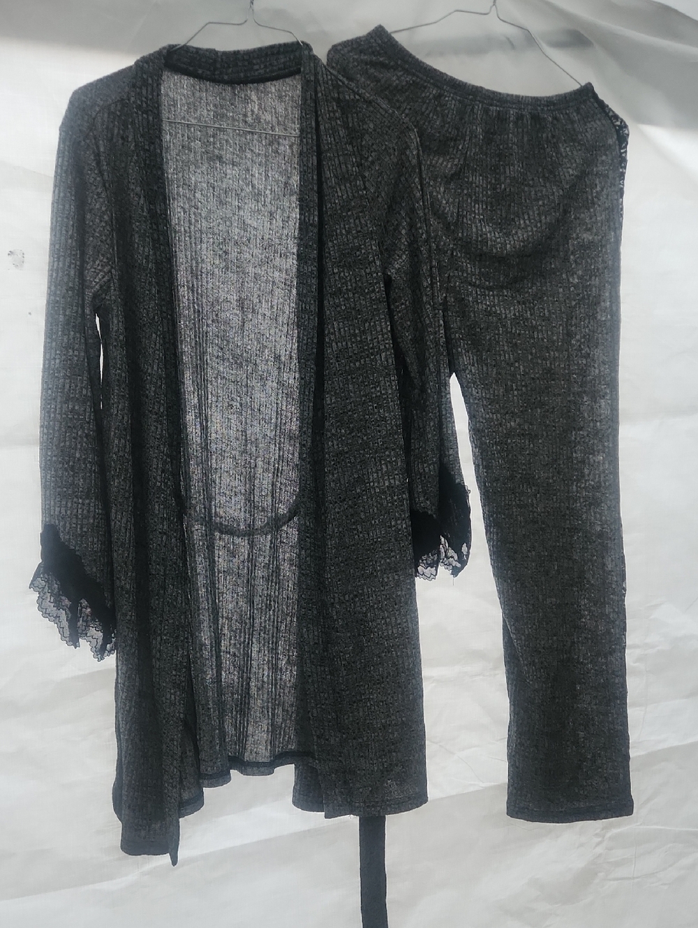 SHEIN Black Ribbed Lace-Trim Robe & Lounge Pants Set